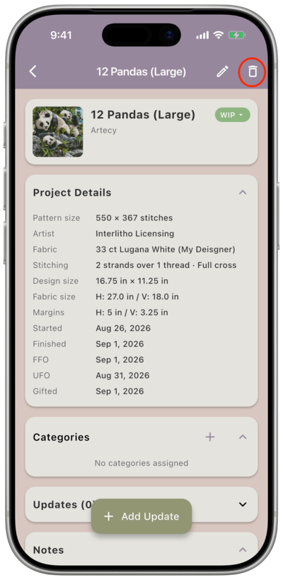 The project detail screen for “12 Pandas (Large)” with a red circle highlighting the trash icon in the top right corner of the header