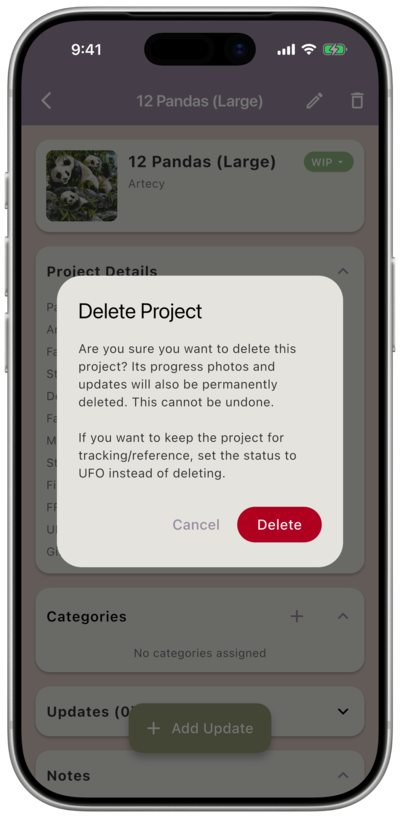 The “Delete Project” confirmation dialog over the project detail screen, with Cancel and a red Delete button