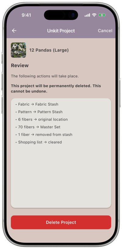 The Review screen showing a summary of actions — fabric, pattern, fibers, and shopping list — with a bold warning that the project will be permanently deleted and a red “Delete Project” button at the bottom
