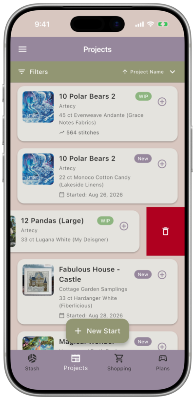 The Projects list with “12 Pandas (Large)” swiped left, revealing a red delete button on the right side