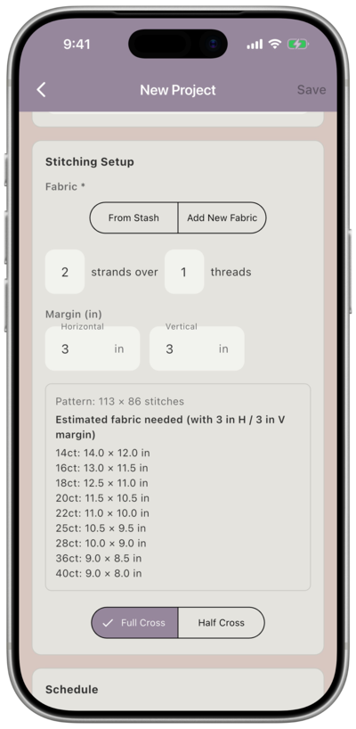 Stitching Setup screen showing estimated fabric needed across all common counts from 14ct to 40ct, before a specific fabric is selected