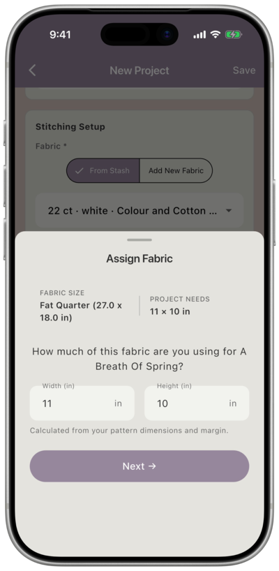 Assign Fabric screen asking how much of the fabric you’re using, with width and height pre-filled from the pattern dimensions and margin