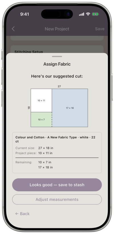 Suggested cut diagram showing the fabric piece divided into the project piece and two remaining sections, with a summary of current, project, and remaining sizes