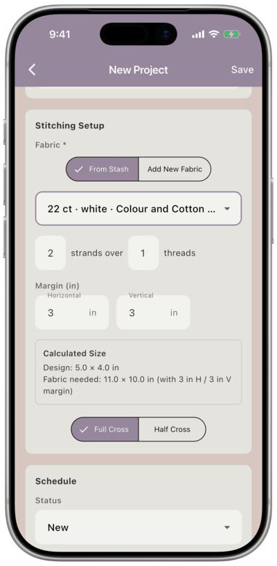 Stitching Setup screen with a 22ct fabric selected from stash, showing calculated design size and fabric needed
