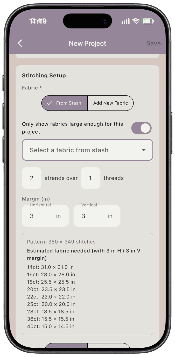 The Stitching Setup section with From Stash selected and the Only show fabrics large enough for this project switch turned on