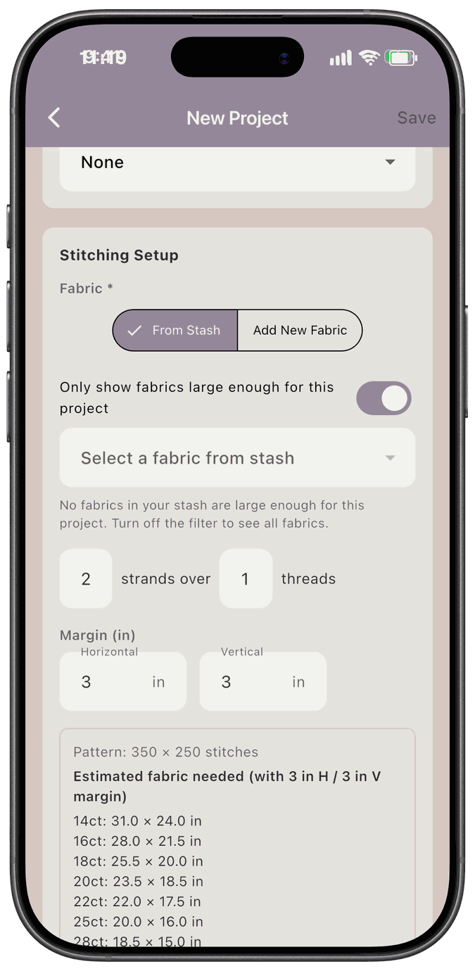The Stitching Setup section with the switch turned on and a message that no fabrics in your stash are large enough for this project