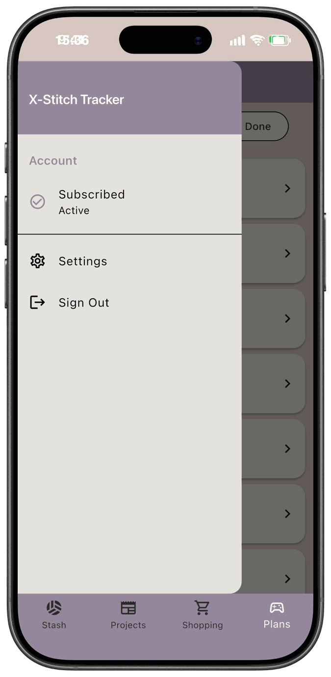 The menu open, showing account details, subscription status, Settings, and Sign Out