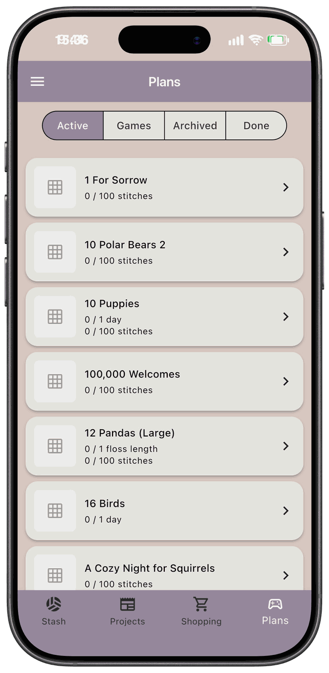 The Plans screen on the Active tab showing projects with progress toward their goals