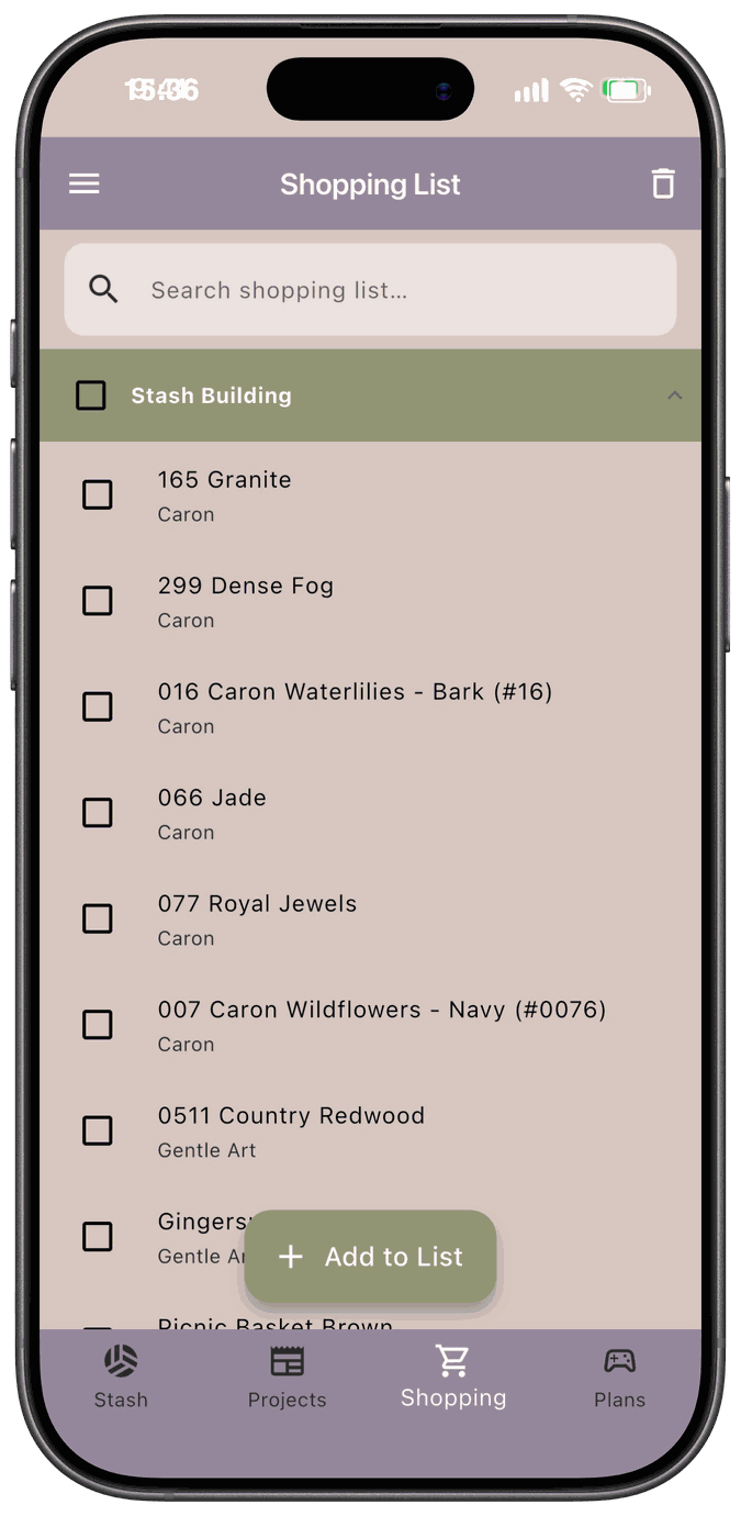 The Shopping List screen showing a search box and items grouped under Stash Building