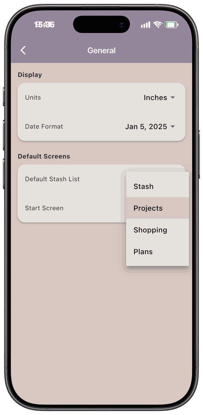 The General settings screen with the Start Screen menu open showing Stash, Projects, Shopping, and Plans