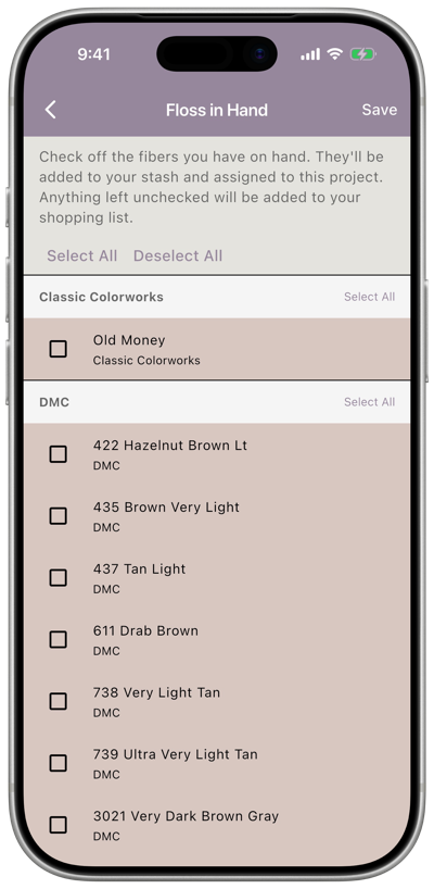 The Floss in Hand screen showing the full fiber list for the pattern, grouped by brand, with checkboxes to mark what you have on hand