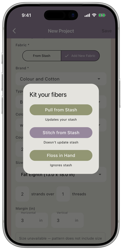 The “Kit your fibers” screen showing three options: Pull from Stash, Stitch from Stash, and Floss in Hand