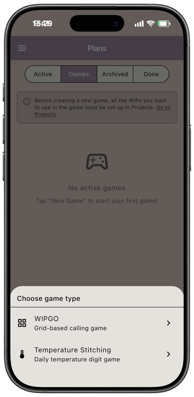 The Choose game type sheet with WIPGO and Temperature Stitching