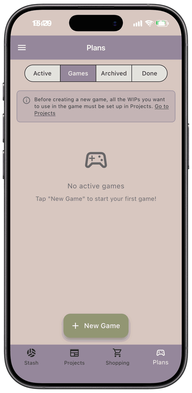 The Plans screen on the Games tab, with a note about setting up projects first and a New Game button