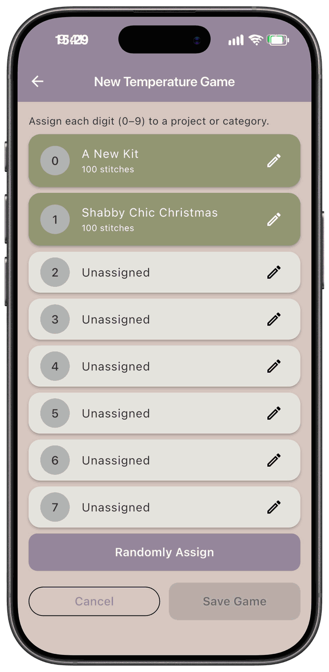 The digit assignment list with digits 0 and 1 assigned to projects and digits 2 to 7 unassigned
