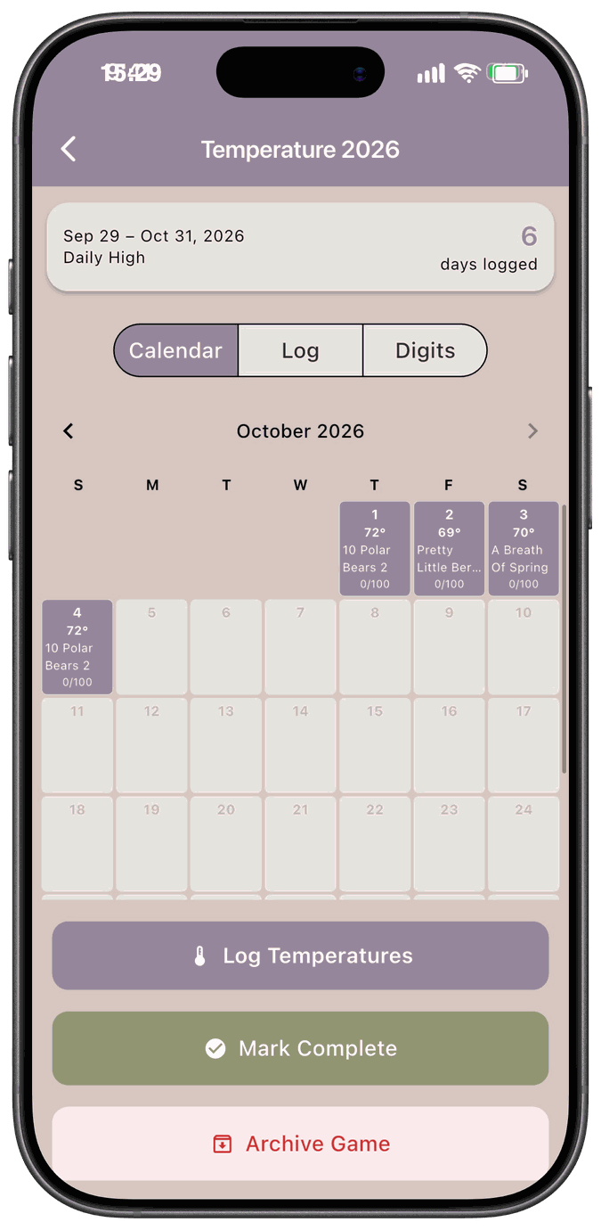 The Calendar view for October with days showing temperatures, project names, and progress