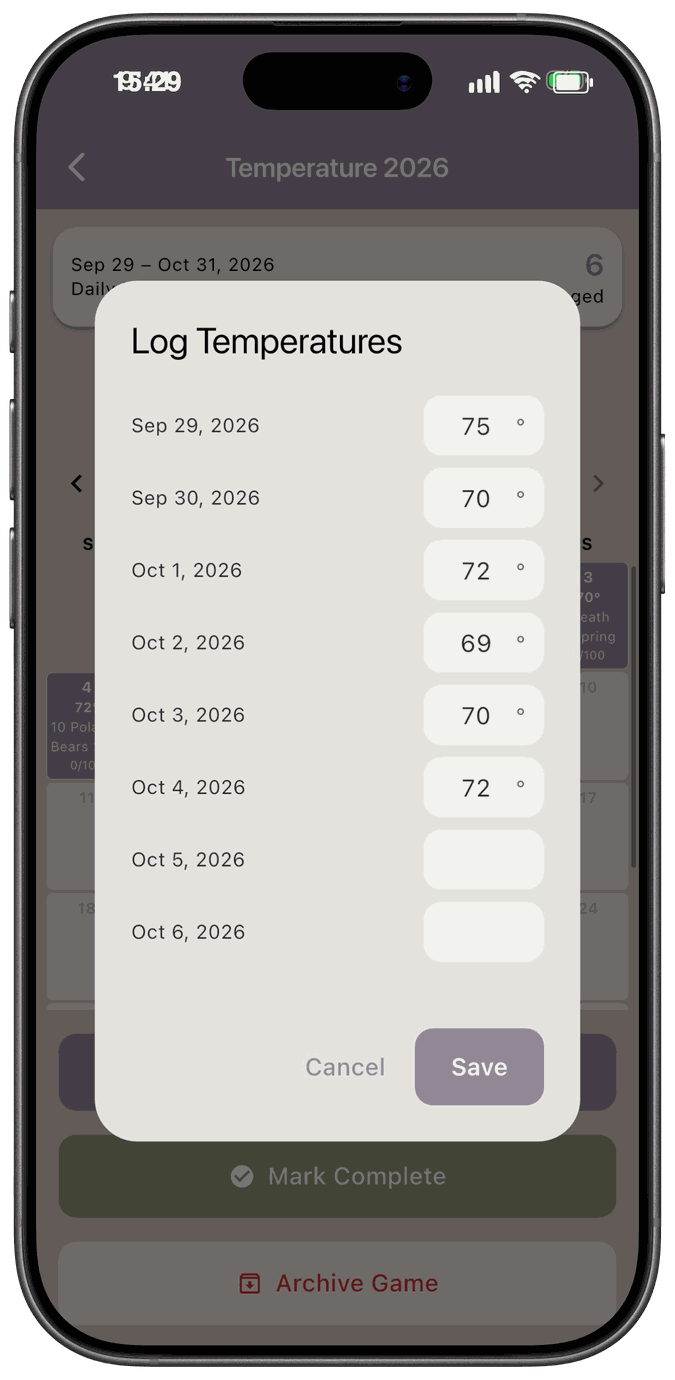 The Log Temperatures dialog with a list of dates and temperatures