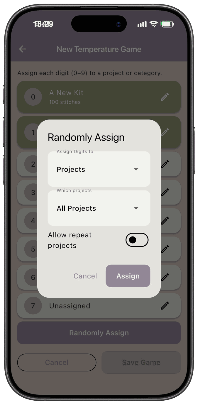 The Randomly Assign dialog with options to assign digits to projects, choose which projects, and allow repeats