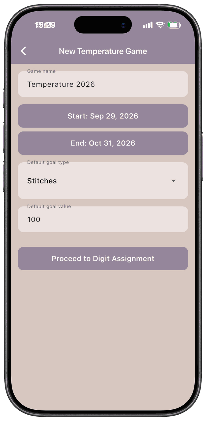 The New Temperature Game form with a name, start and end dates, and a default goal