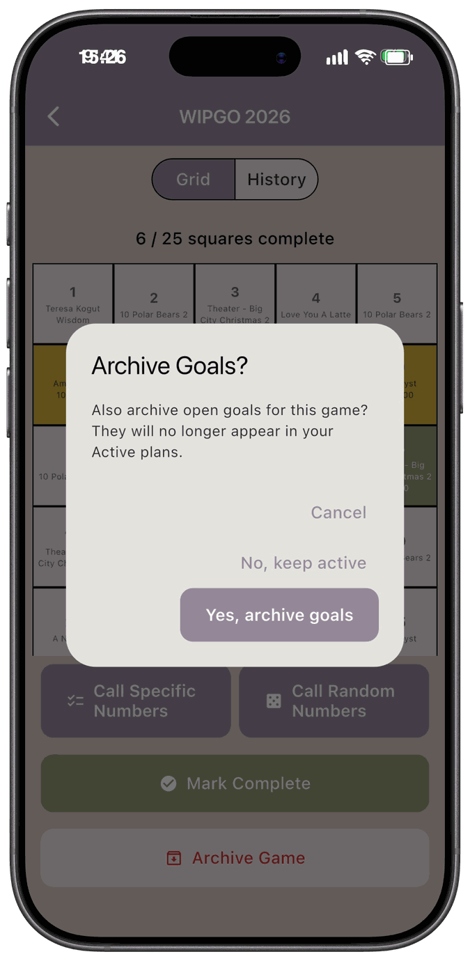 The Archive Goals dialog asking whether to also archive open goals, with Cancel, No keep active, and Yes archive goals