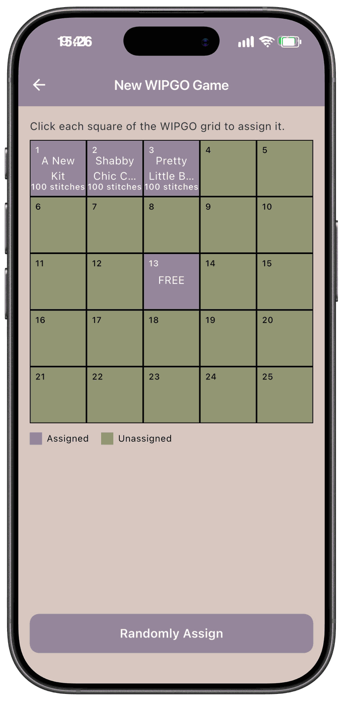 The WIPGO board with the first three squares assigned to projects, the rest unassigned, and a free space in the middle