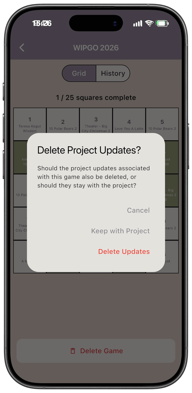 The Delete Project Updates dialog with Cancel, Keep with Project, and Delete Updates