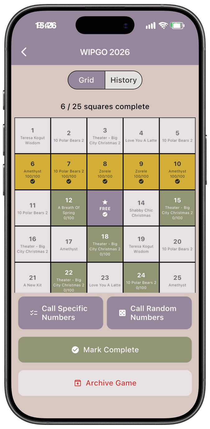 A WIPGO board mid-game with a completed row highlighted in gold, and buttons for calling numbers