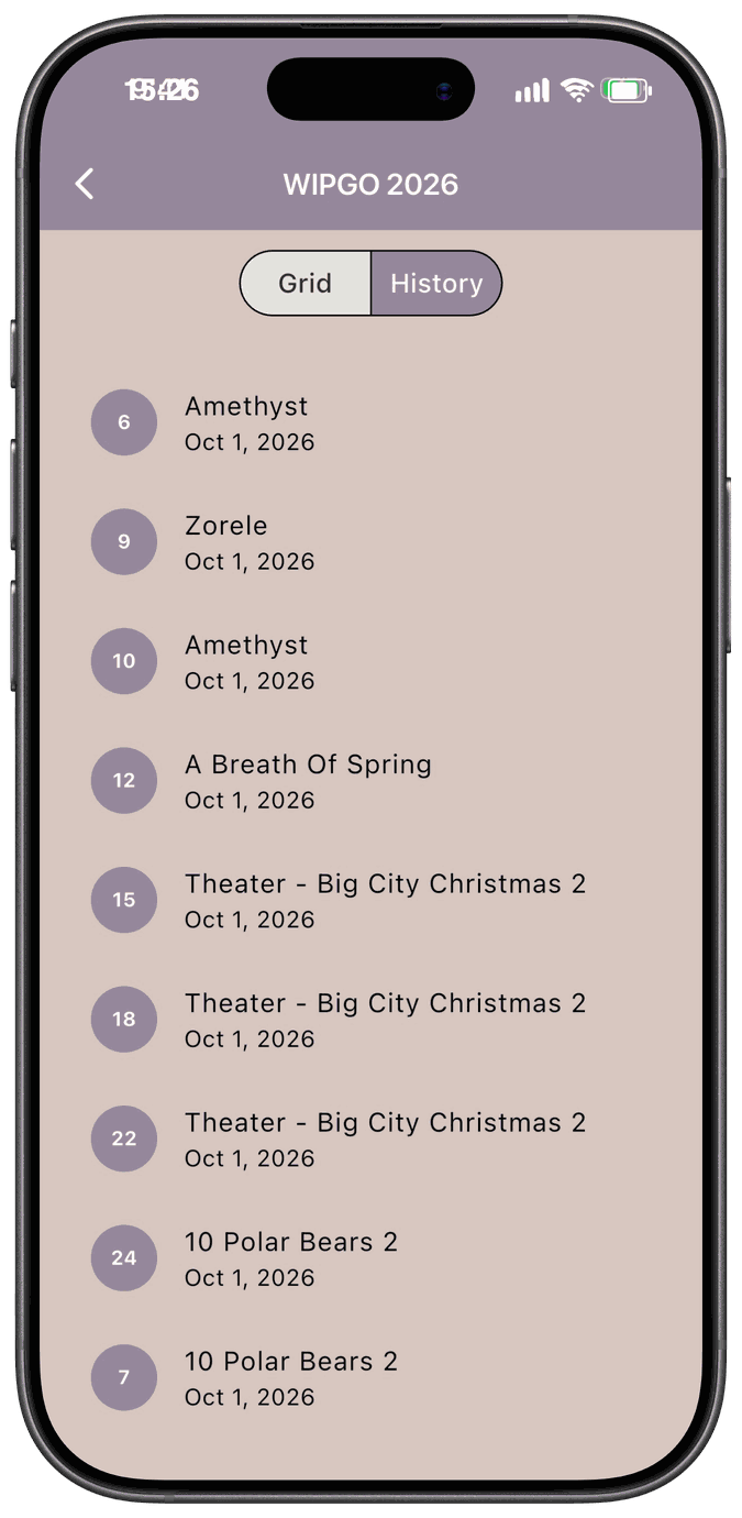 The History tab listing called squares with their numbers, projects, and dates