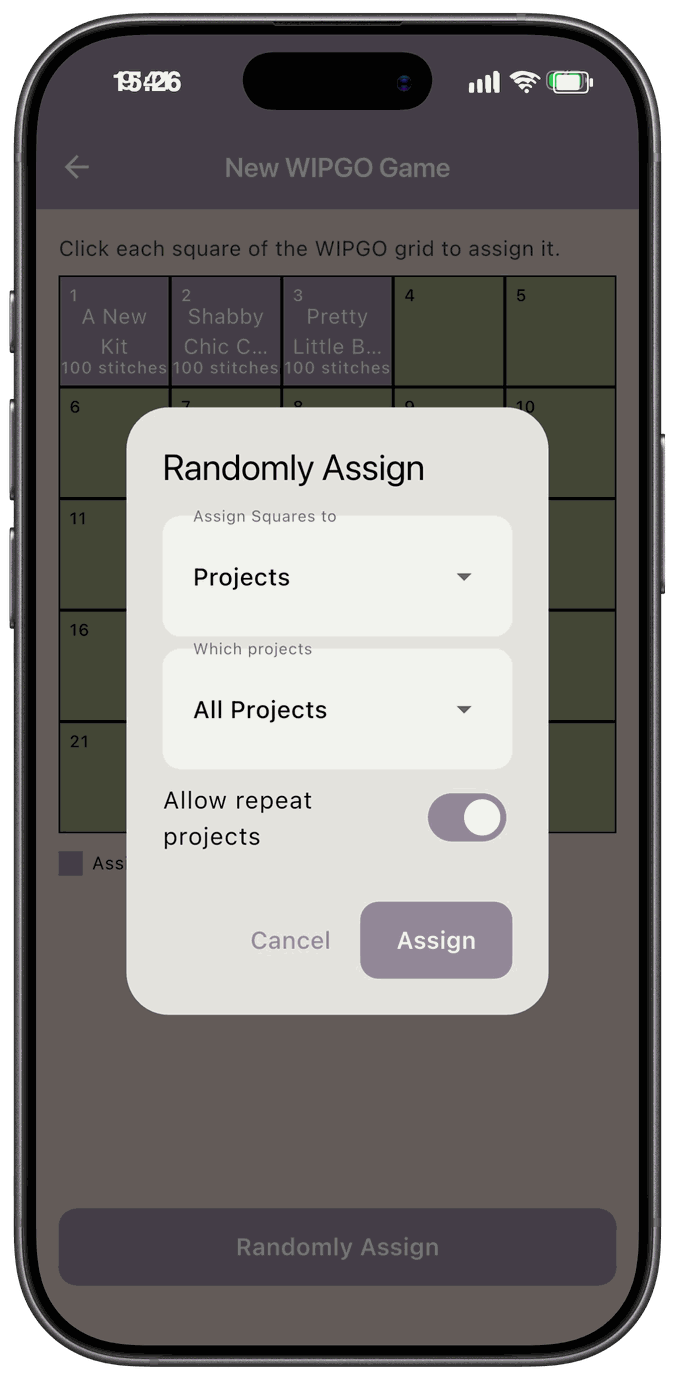 The Randomly Assign dialog with options to assign projects, choose which projects, and allow repeats