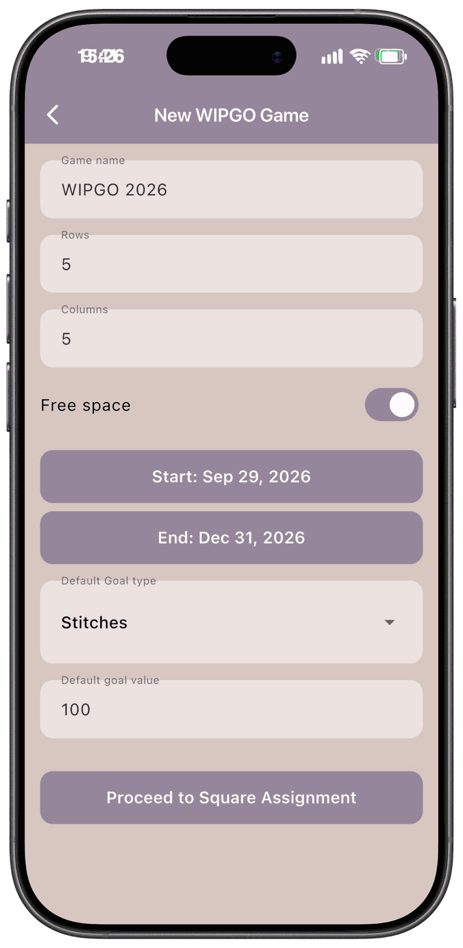 The New WIPGO Game form with a name, a 5 by 5 grid, Free space turned on, dates, and a default goal