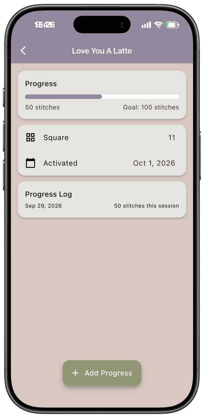A square’s detail screen with a progress bar toward a 100 stitch goal, the square number, the date it was activated, and a progress log