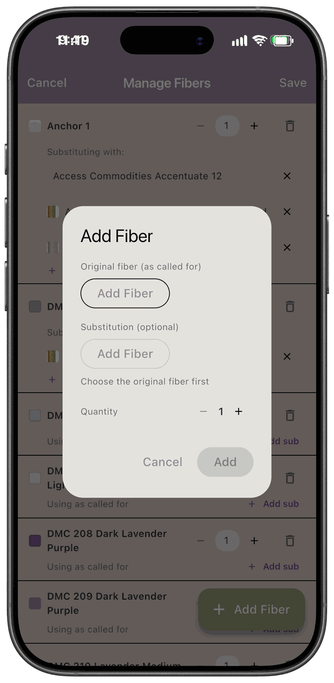 The Add Fiber dialog before an original fiber is chosen, with the substitution button unavailable and the note Choose the original fiber first