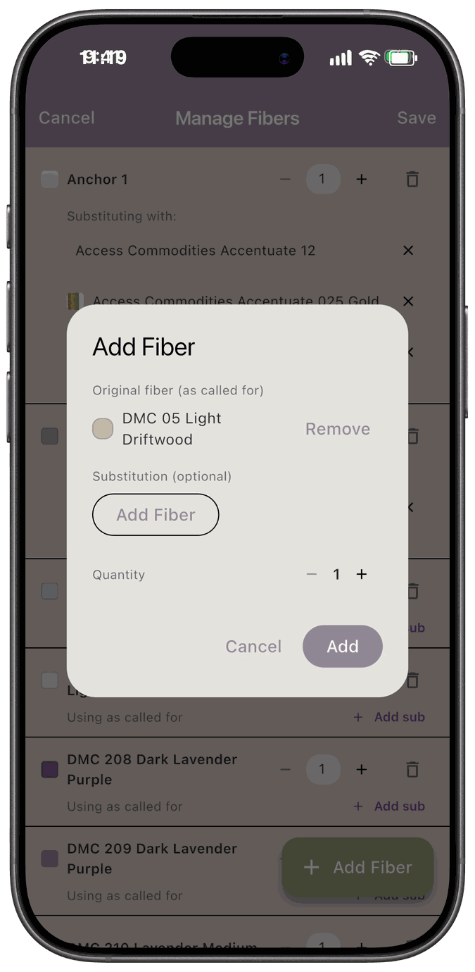 The Add Fiber dialog with an original fiber chosen, showing its swatch, its name, and a Remove link