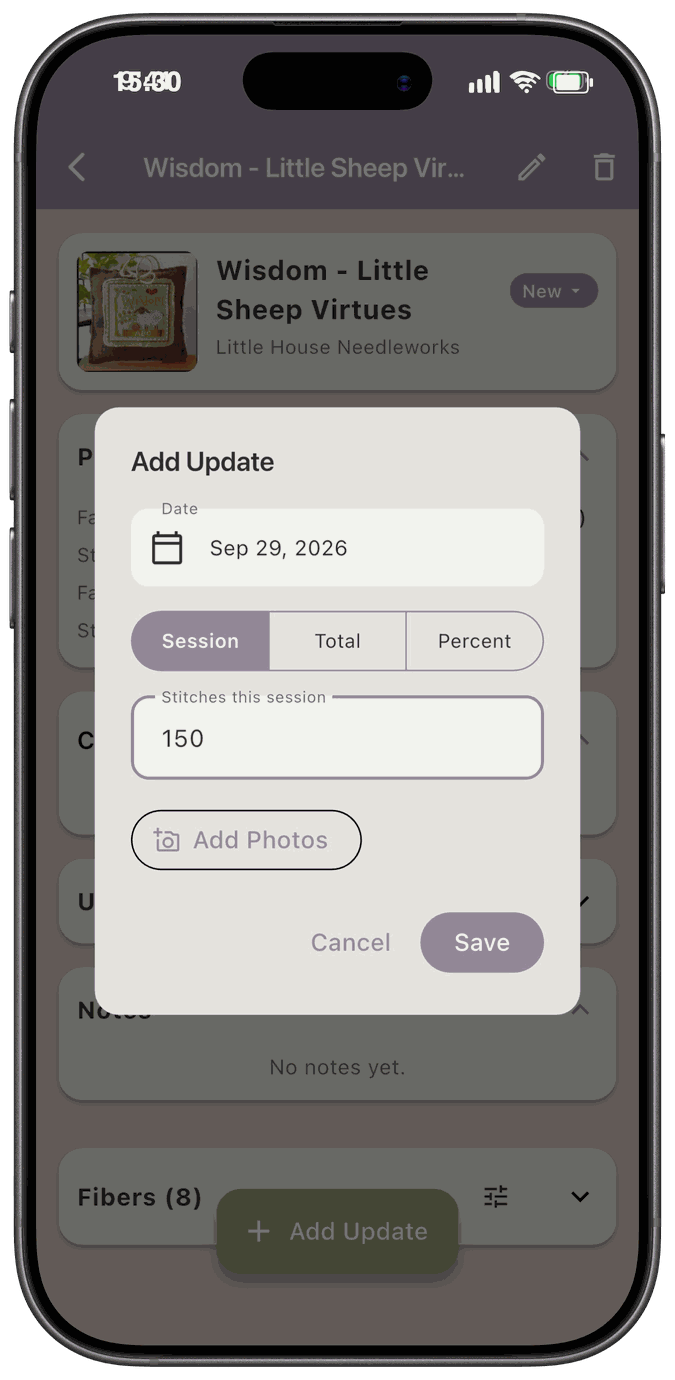 The Add Update dialog with a date, the Session, Total, and Percent options, a stitch count, and an Add Photos button