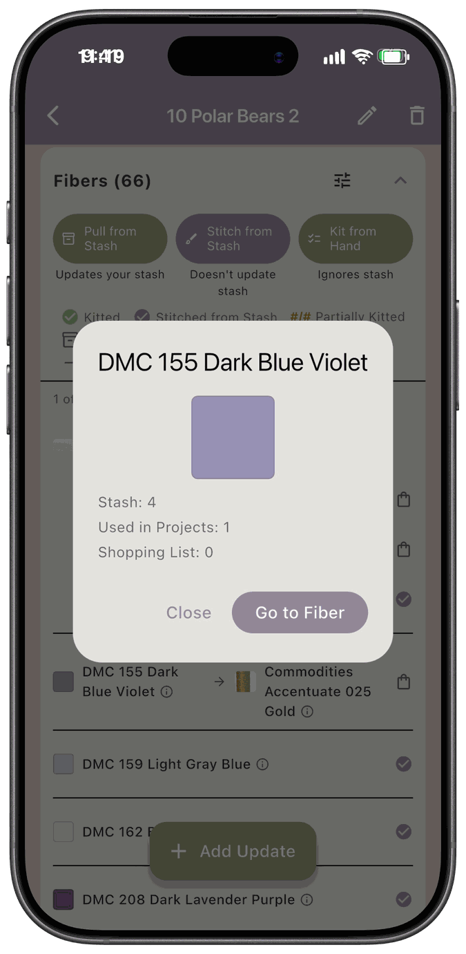 The fiber preview showing a swatch with Stash, Used in Projects, and Shopping List counts, and Close and Go to Fiber buttons