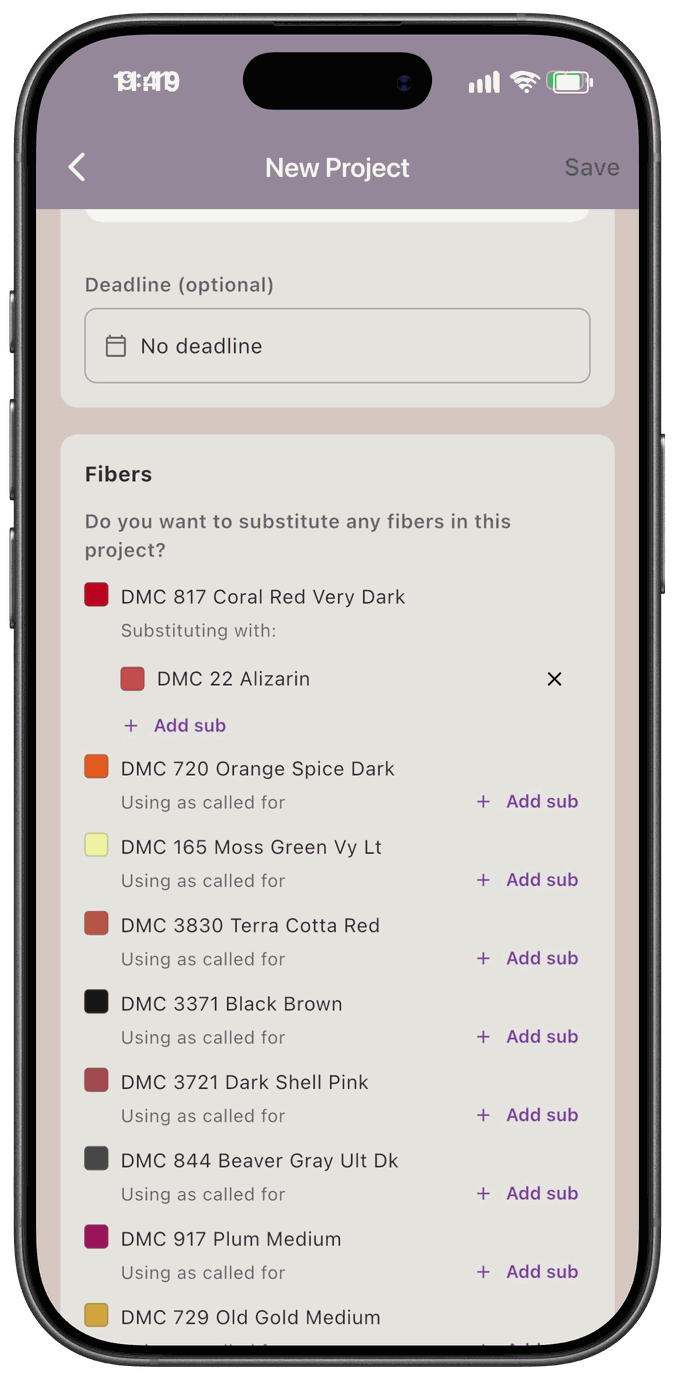 The Fibers section of the New Project screen with one fiber substituting with another and the rest using as called for