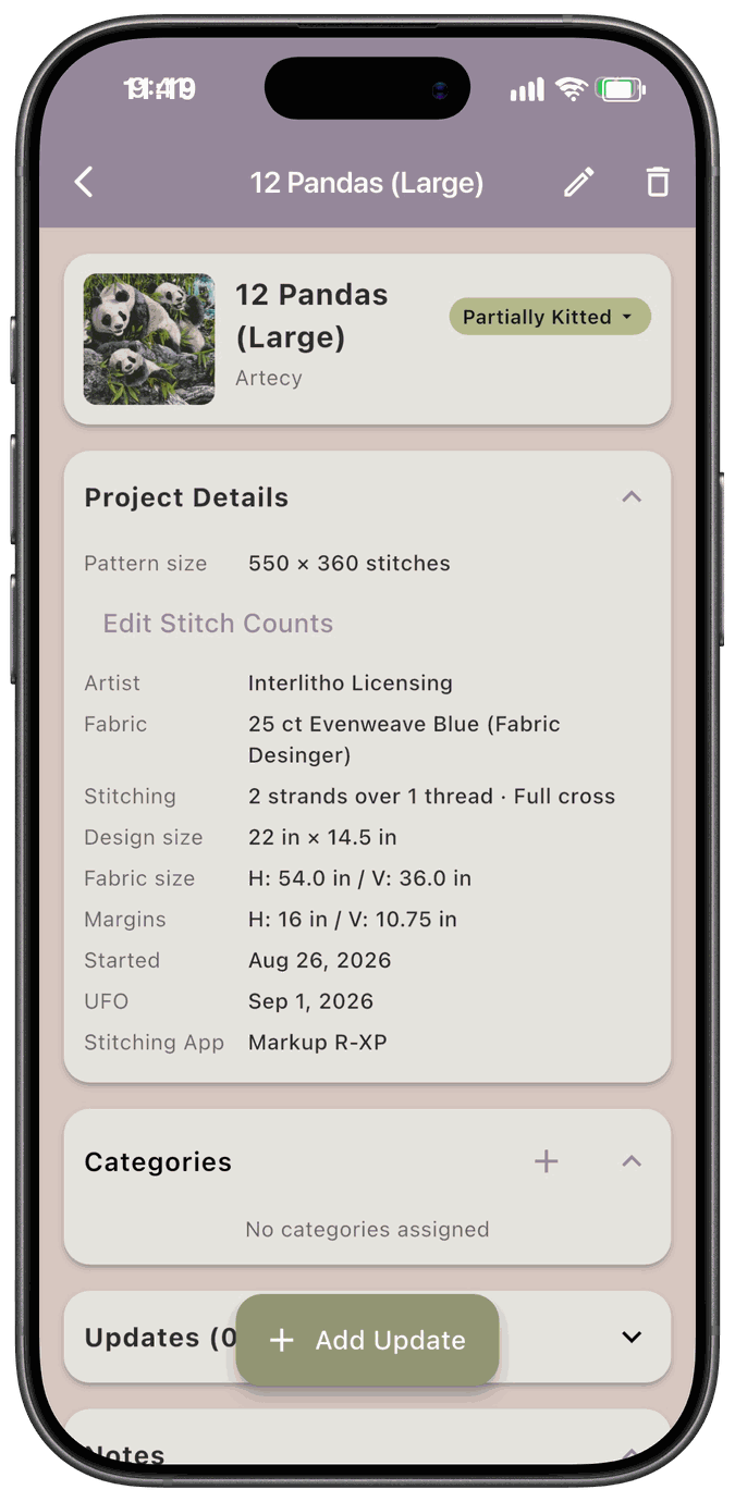 The Project Details card with a Stitching App row reading Markup R-XP