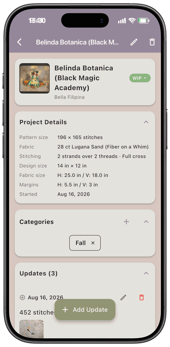 A project screen with its status badge, project details, and a list of progress updates