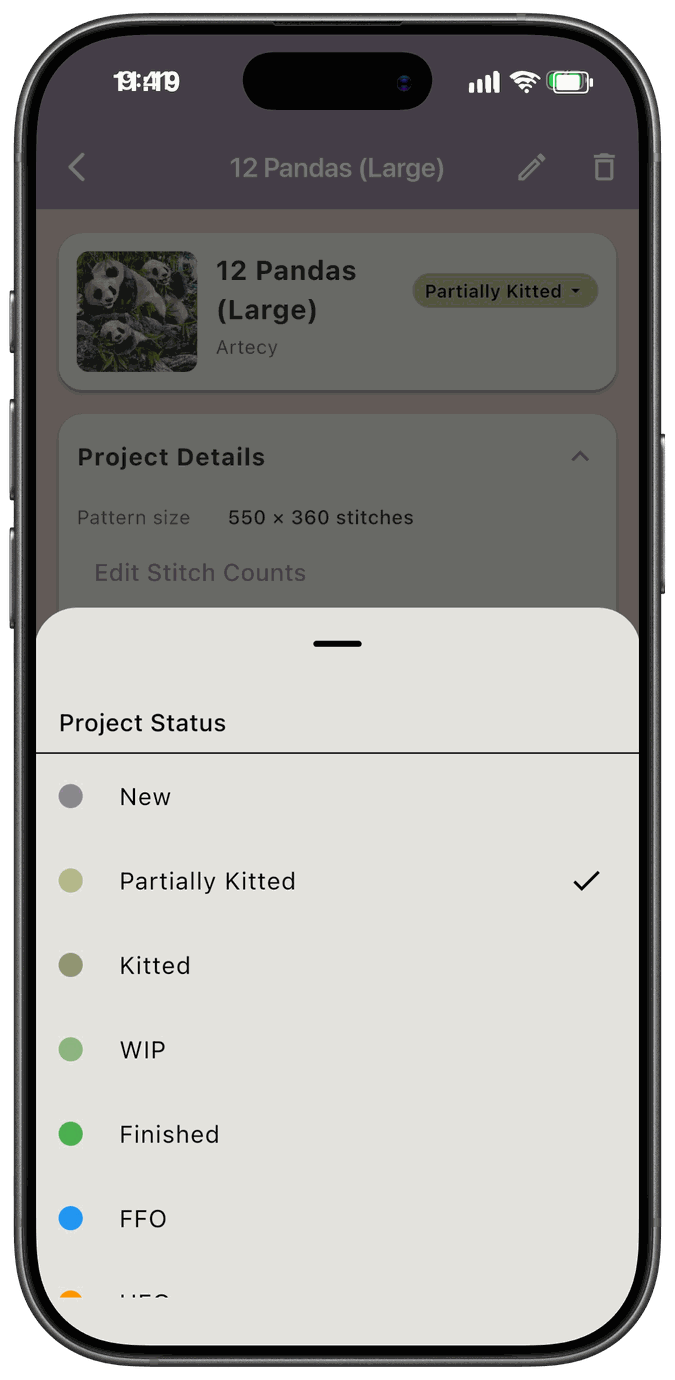 The Project Status list with Partially Kitted checked, listed between New and Kitted