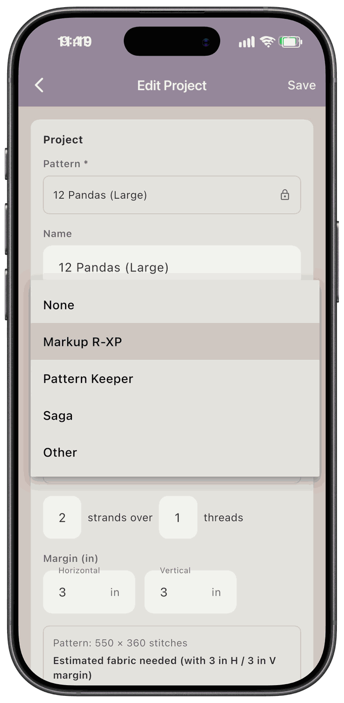 The Stitching App dropdown on Edit Project, listing None, Markup R-XP, Pattern Keeper, Saga, and Other