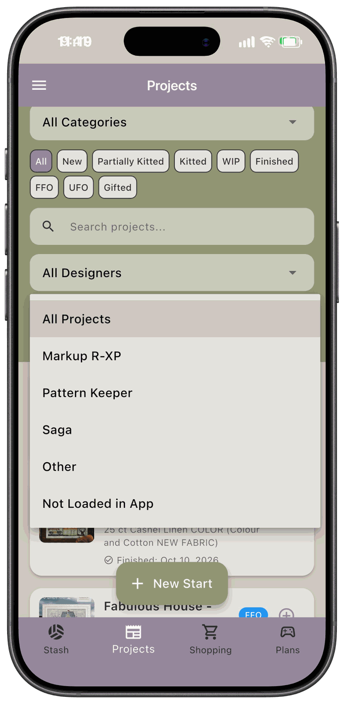 The stitching app dropdown on the Projects filter bar, listing All Projects, Markup R-XP, Pattern Keeper, Saga, Other, and Not Loaded in App