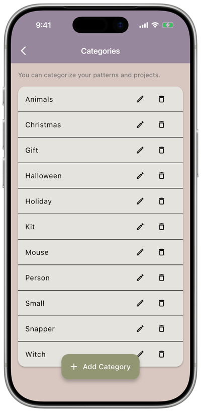 The Categories screen listing categories with edit and delete icons
