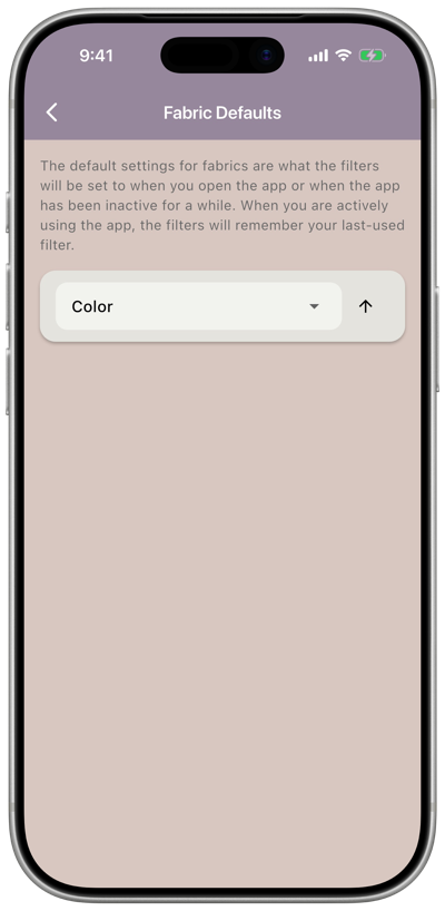 The Fabric Defaults screen showing a sort field dropdown and sort direction arrow
