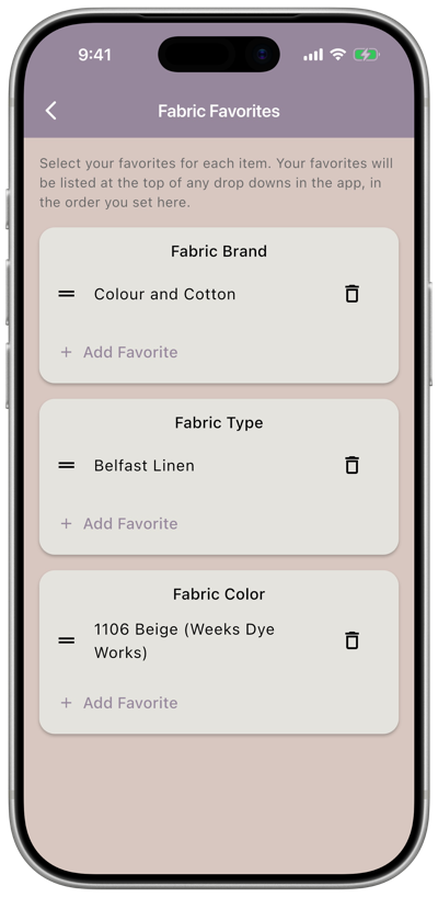 The Fabric Favorites screen with Fabric Brand, Fabric Type, and Fabric Color sections