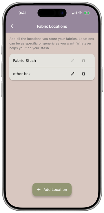 The Fabric Locations screen listing locations with edit and delete icons