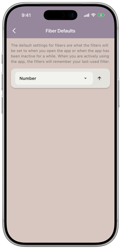 The Fiber Defaults screen showing a sort field dropdown and sort direction arrow