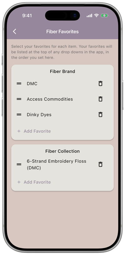 The Fiber Favorites screen with Fiber Brand and Fiber Collection sections