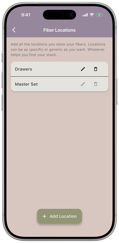 The Fiber Locations screen listing locations with edit and delete icons