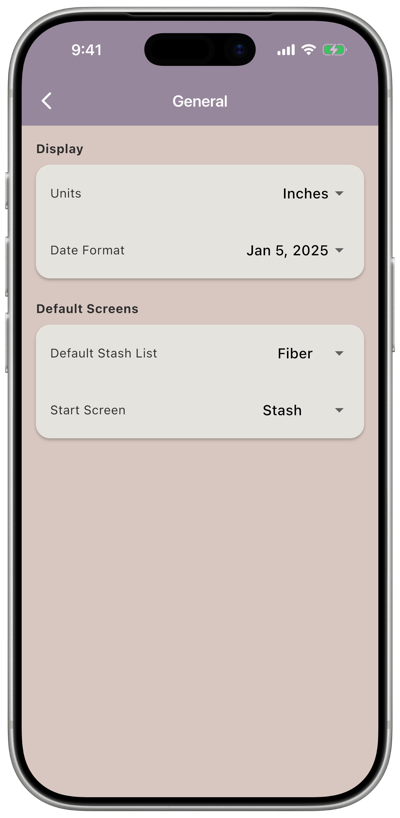 The General settings screen showing Units, Date Format, Default Stash List, and Start Screen