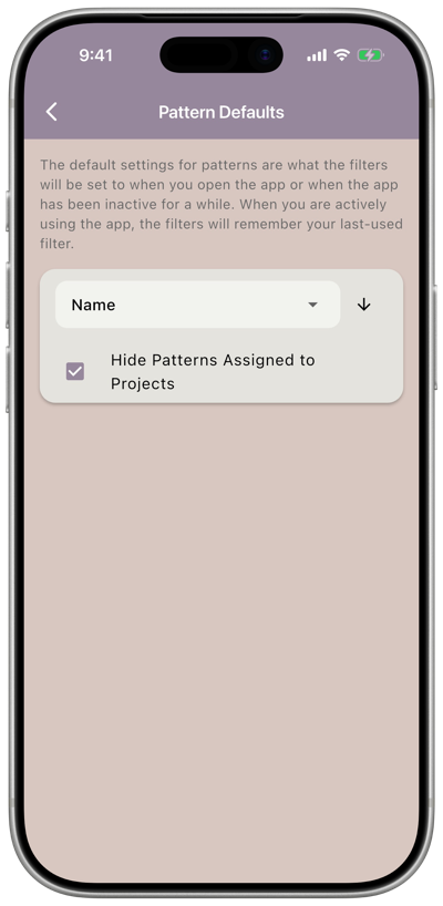 The Pattern Defaults screen showing a sort dropdown and the Hide Patterns Assigned to Projects checkbox